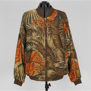 VTG Atlantic Beach Silk Bomber Jacket M Leopard Jungle Print Eclectic Animal 90s